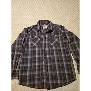 Wrangler Western Shirt Mens Large Grey Blue Plaid Snap Front Cotton Good Flaw